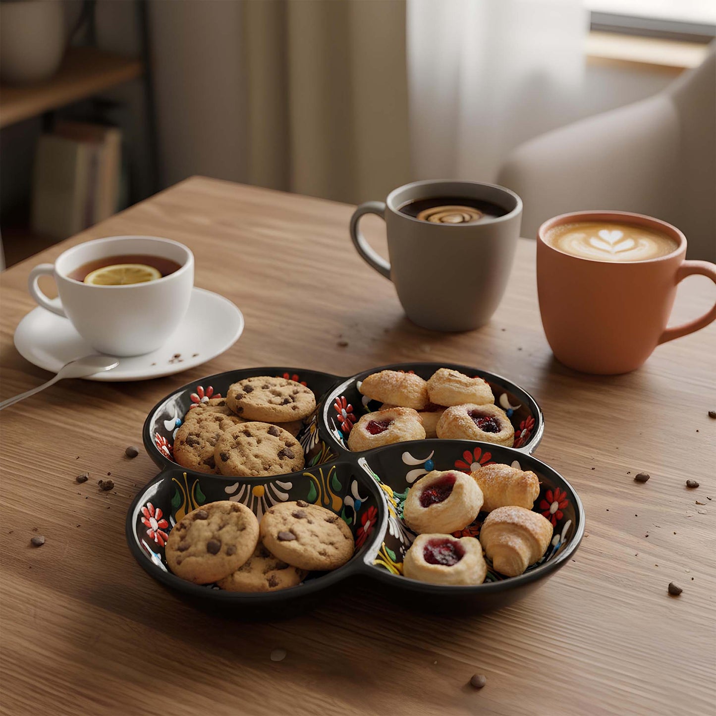 Three cups of coffee with cookies on a wooden table