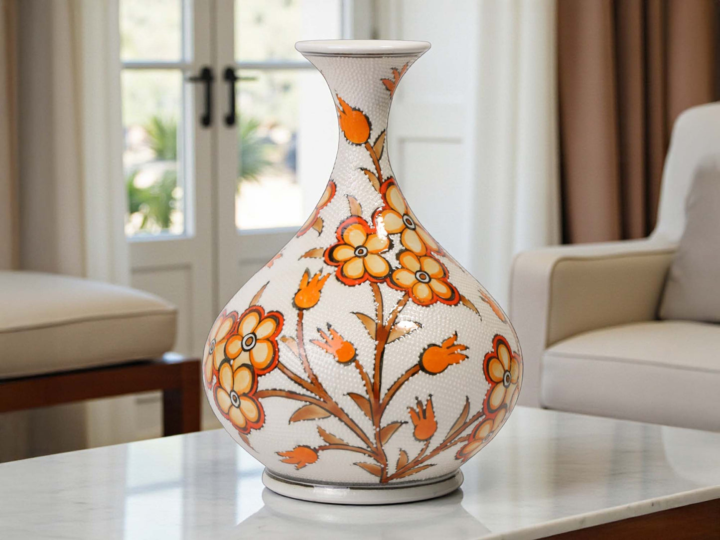 Decorative vase with floral patterns on a table in a living room setting