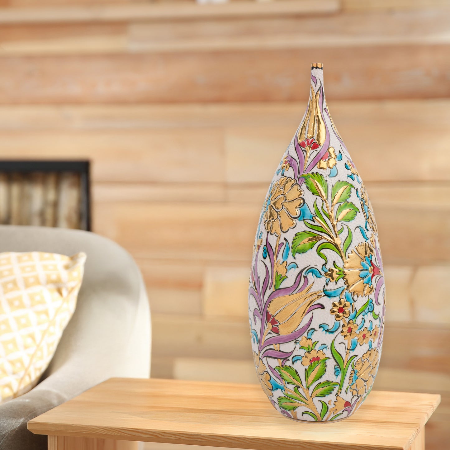 Handmade Ceramic Bottle, Floral Opulence Decorative Bottle, Golden Vase