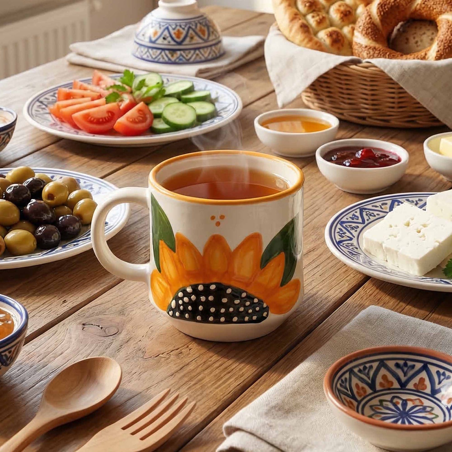 Tea cup with sunflower design on a wooden table with food and bread.