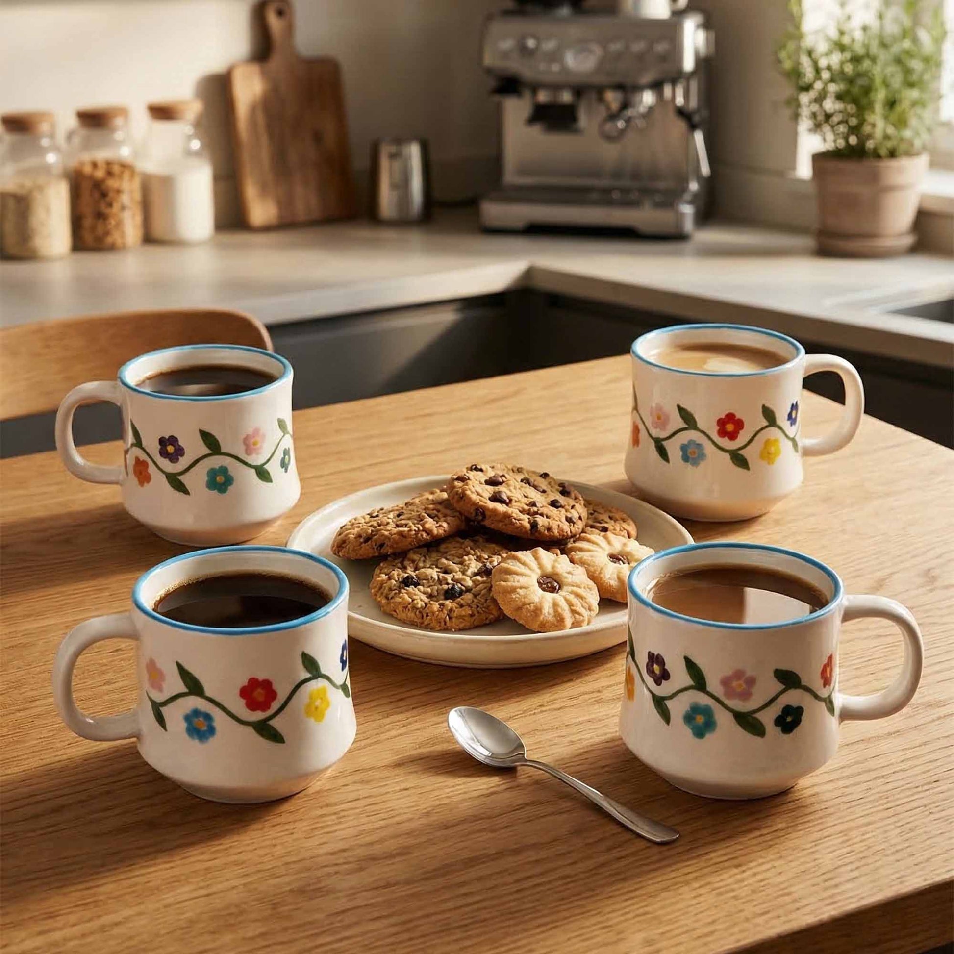 Four floral mugs with coffee on a kitchen counter with cookies and a spoon.