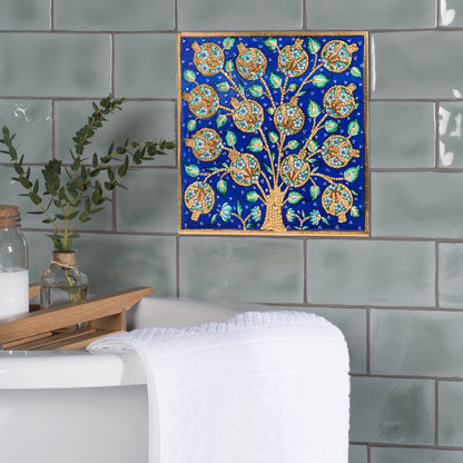 Handmade Ceramic Tile, Blue Pomegranate Tree Tile