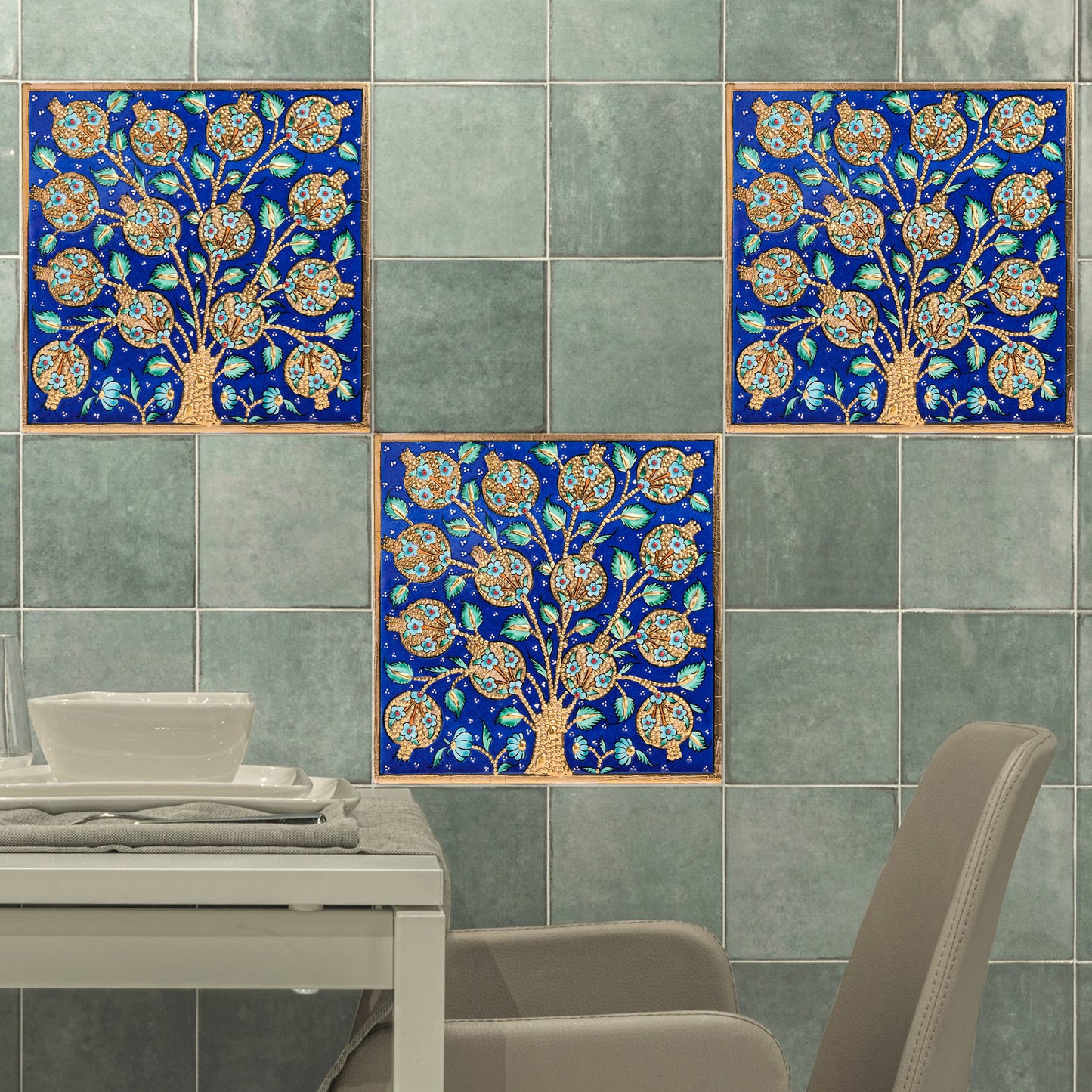 Handmade Ceramic Tile, Blue Pomegranate Tree Tile