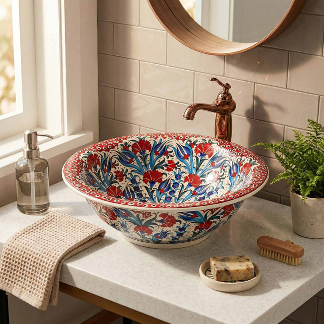 Anatolian Bloom Ceramic Vessel Sink, Handpainted Turkish Bathroom Basin
