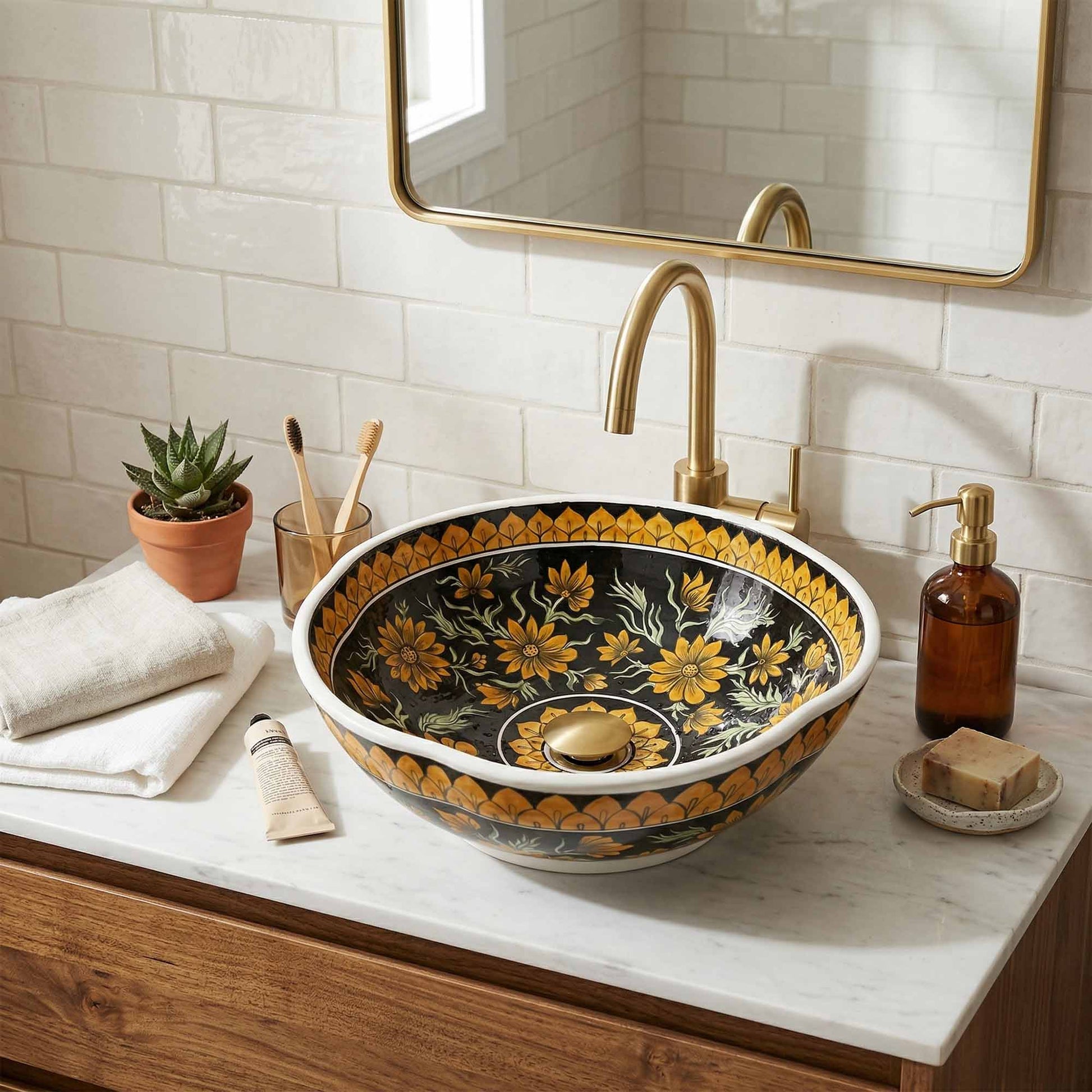 Decorative floral-patterned ceramic sink in a bathroom setting with a mirror and toiletries.