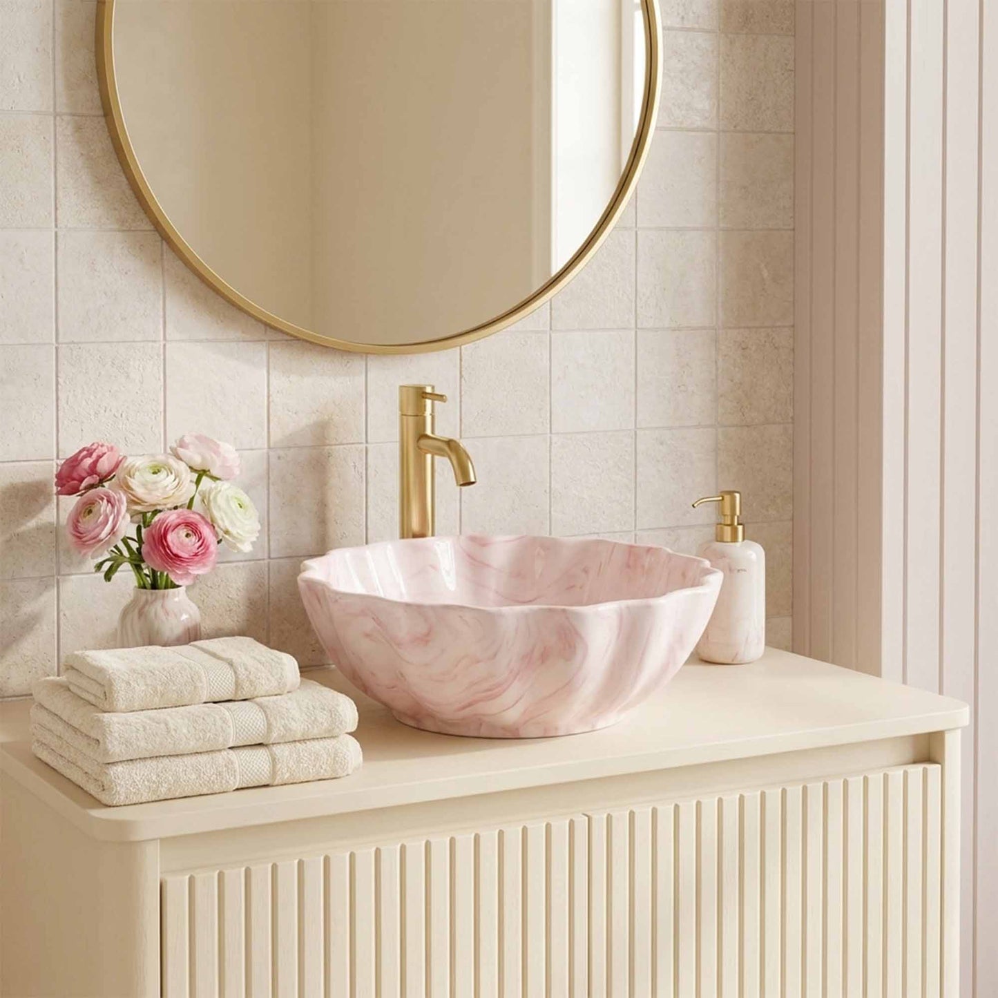 Blush Petal Marble Ceramic Vessel Sink, Handpainted Artistic Bathroom Basin