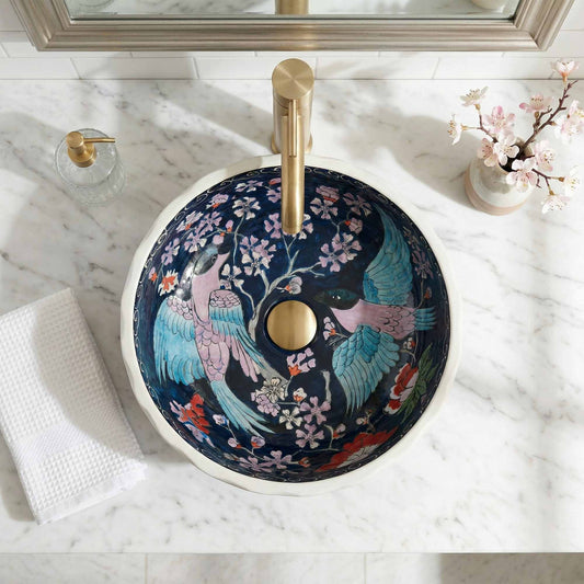 Moonlight Crane Ceramic Vessel Sink, Handpainted Artistic Bathroom Basin
