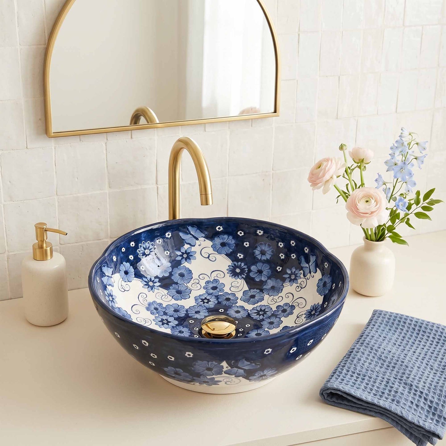 Moonlit Wildflower Ceramic Vessel Sink, Handpainted Bathroom Basin