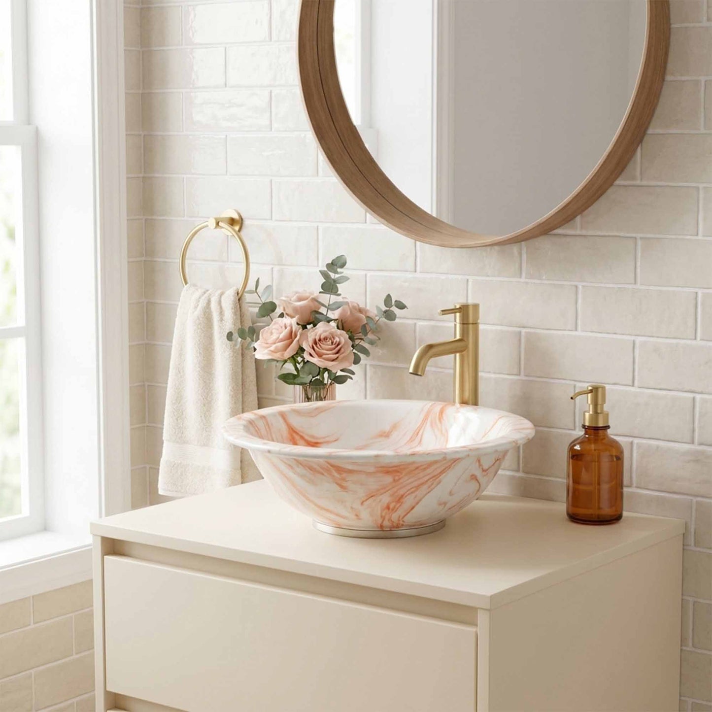 Blush Marble Swirl Ceramic Vessel Sink, Handpainted Bathroom Basin