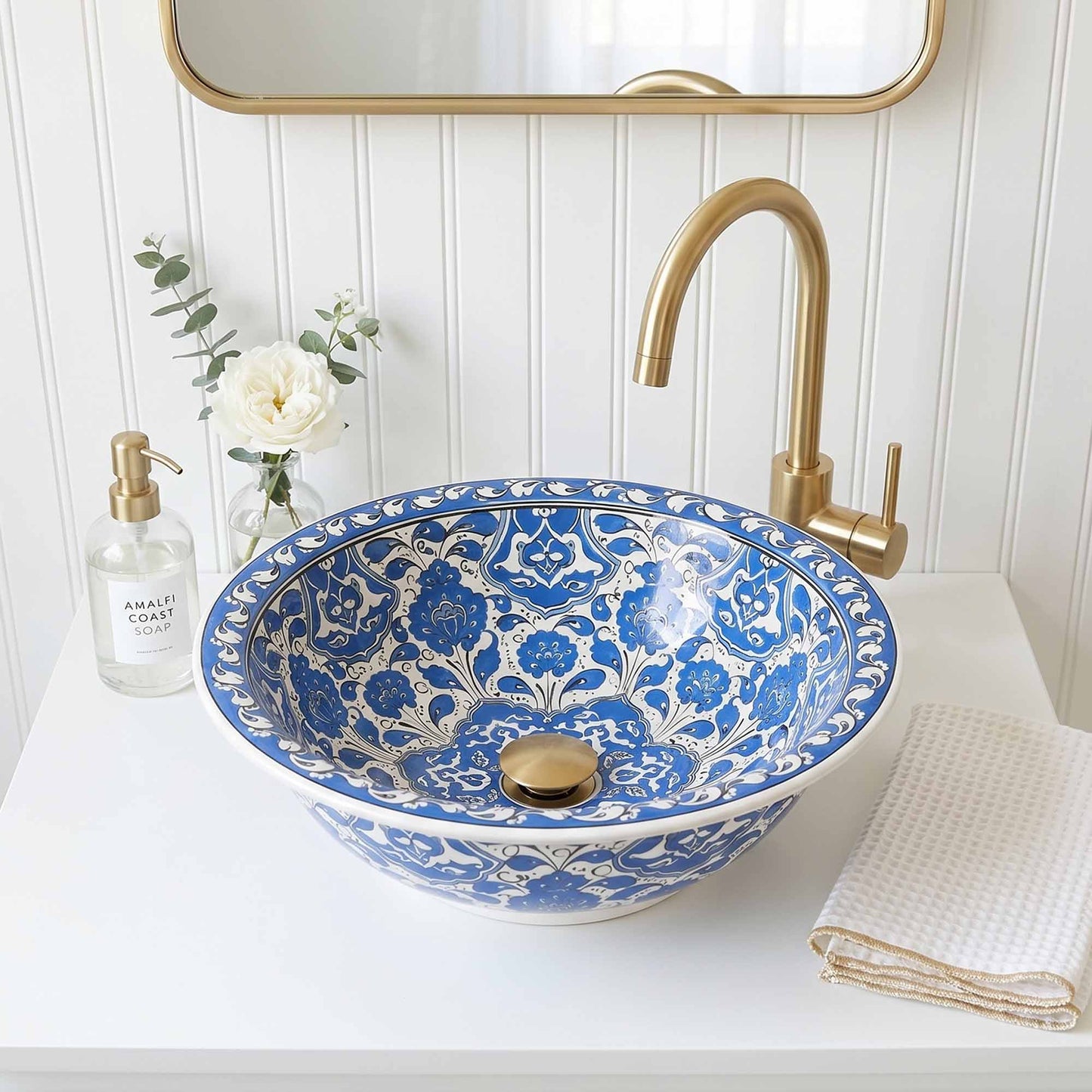 Azure Palace Floral Ceramic Vessel Sink, Handpainted Bathroom Basin