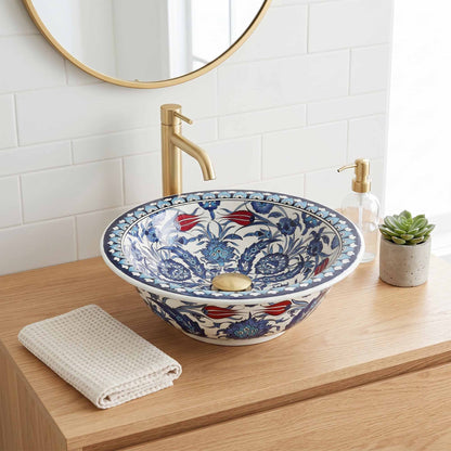 Crimson Tulip Garden Ceramic Vessel Sink, Handpainted Bathroom Basin