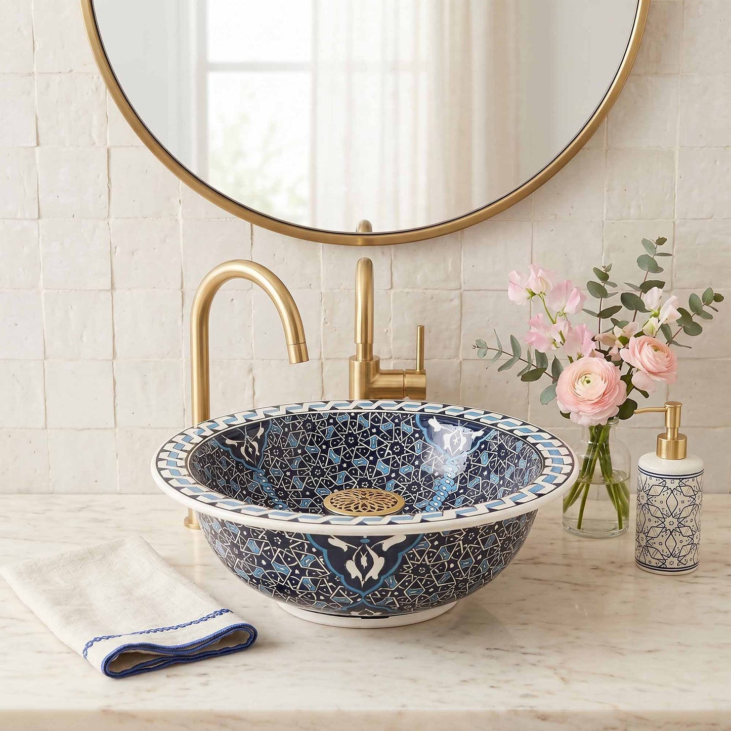 Midnight Mosaic Ceramic Vessel Sink, Handpainted Bathroom Basin