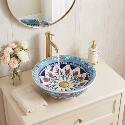 Sky Blossom Tulip Ceramic Vessel Sink, Handpainted Bathroom Basin