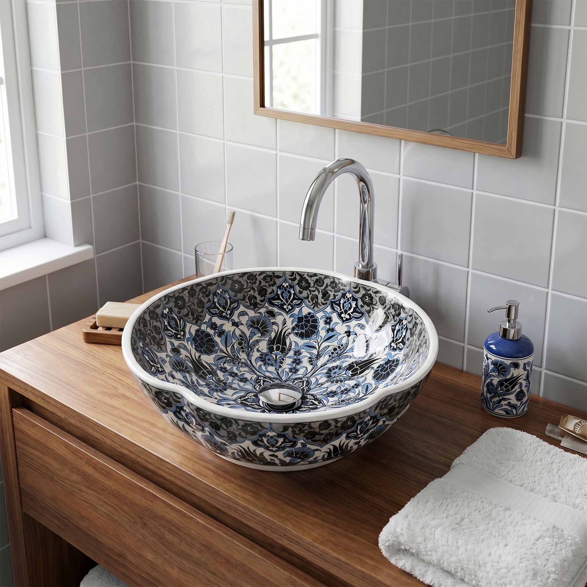 Bathroom sink with floral design on a wooden countertop, surrounded by tiles and a mirror.