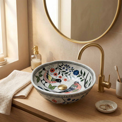 Songbird Garden Ceramic Vessel Sink, Handpainted Bird Bathroom Basin