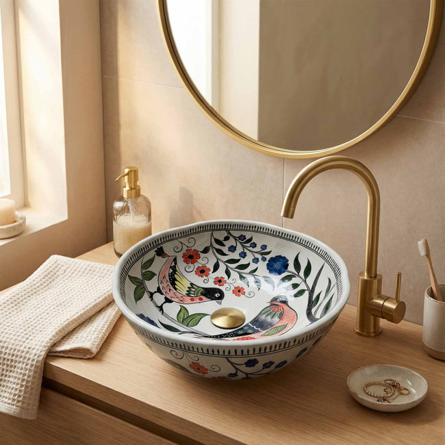 Songbird Garden Ceramic Vessel Sink, Handpainted Bird Bathroom Basin