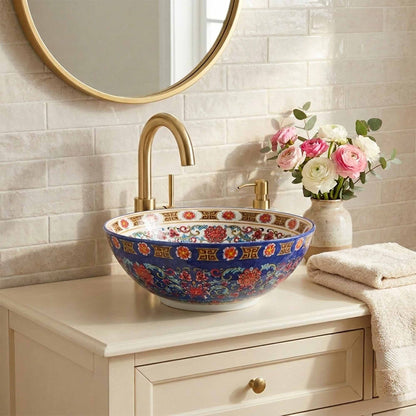 Imperial Sapphire Floral Ceramic Vessel Sink, Handpainted Turkish Bathroom Basin