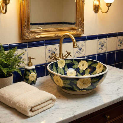 Golden Bloom Ceramic Vessel Sink, Handpainted Floral Bathroom Basin