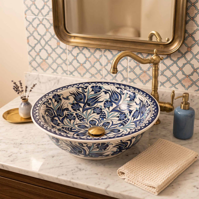 Midnight Tulip Symphony Ceramic Vessel Sink, Handpainted Bathroom Basin