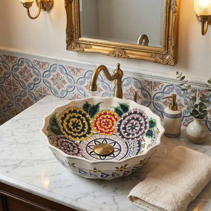 Wildflower Garden Ceramic Vessel Sink, Handpainted Floral Bathroom Basin