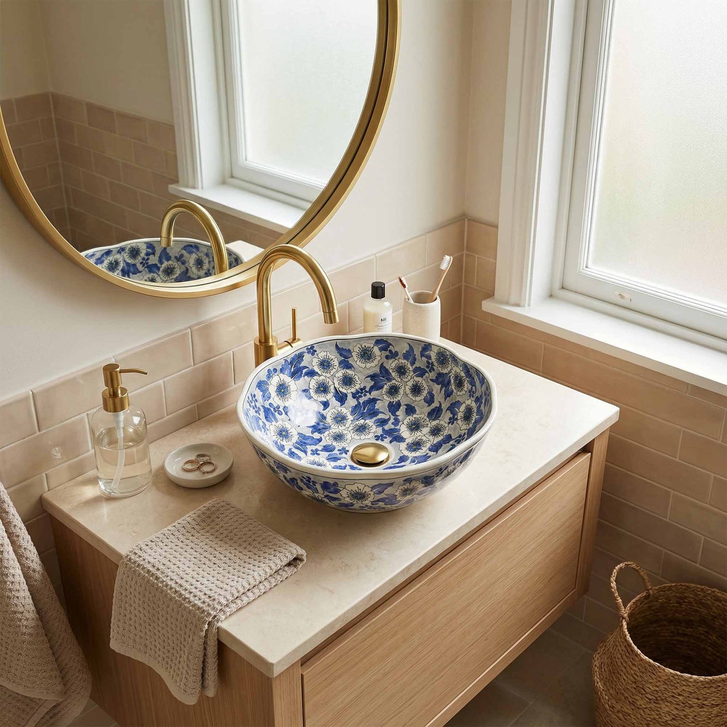 Blue Blossom Ceramic Vessel Sink, Handpainted Floral Bathroom Basin
