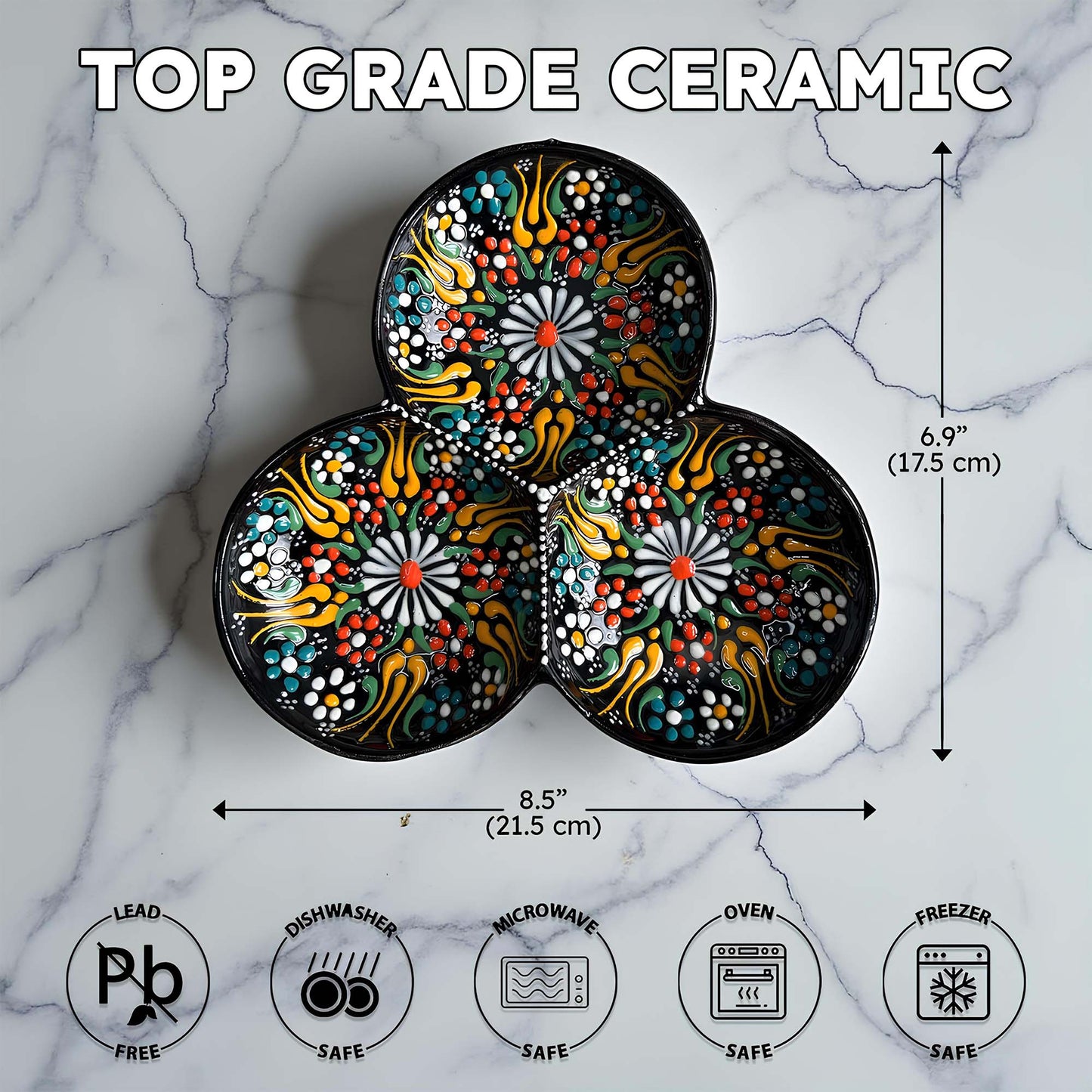 Decorative ceramic tray with floral patterns on a marble background, showing dimensions and safety icons.