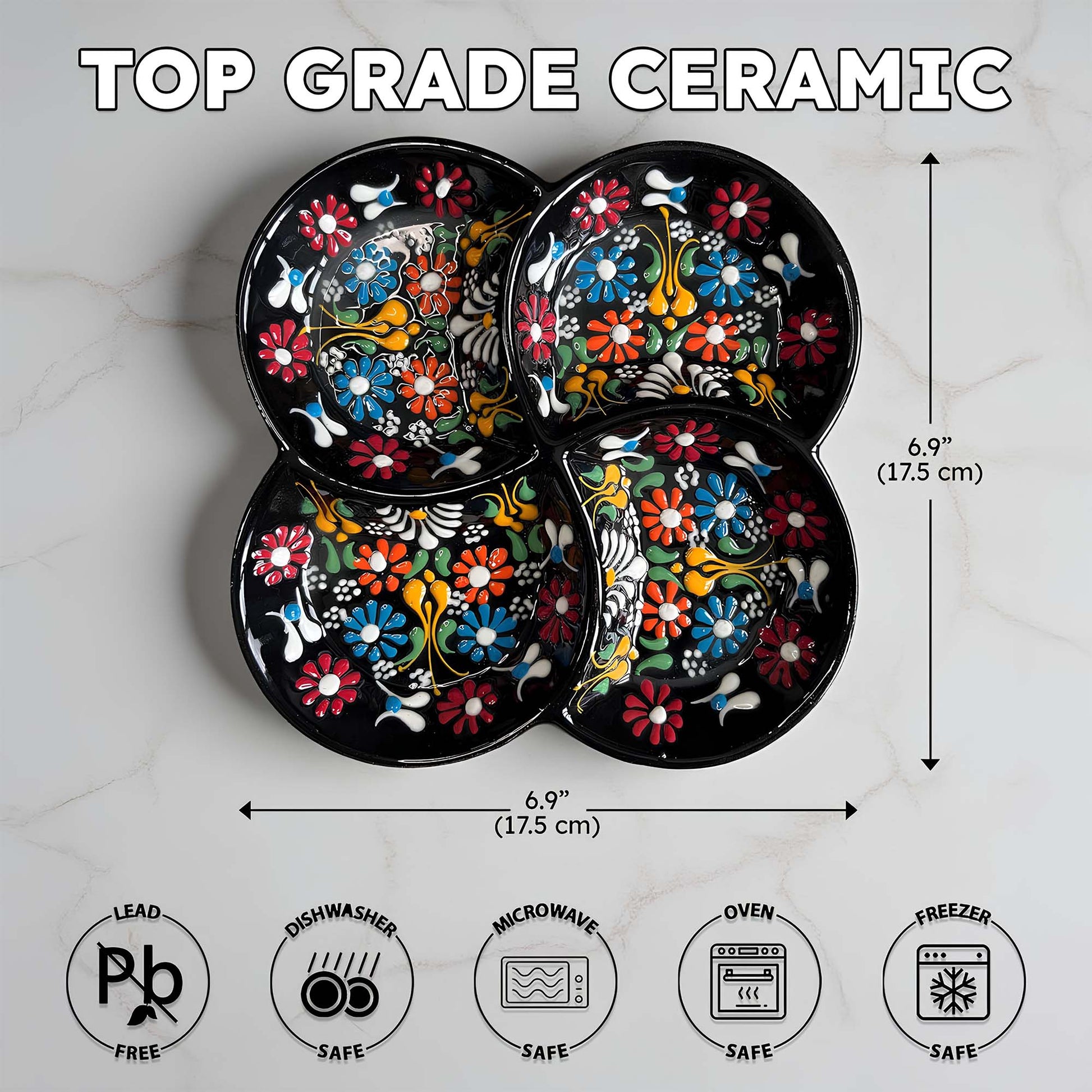 Set of four decorative ceramic plates with floral patterns, shown with measurements and safety icons on a light background.