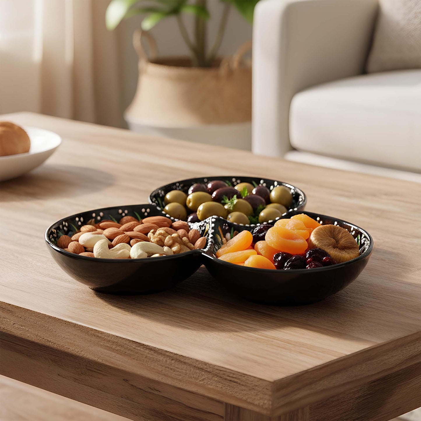 Three-section black bowl with assorted nuts and dried fruits on a wooden table.