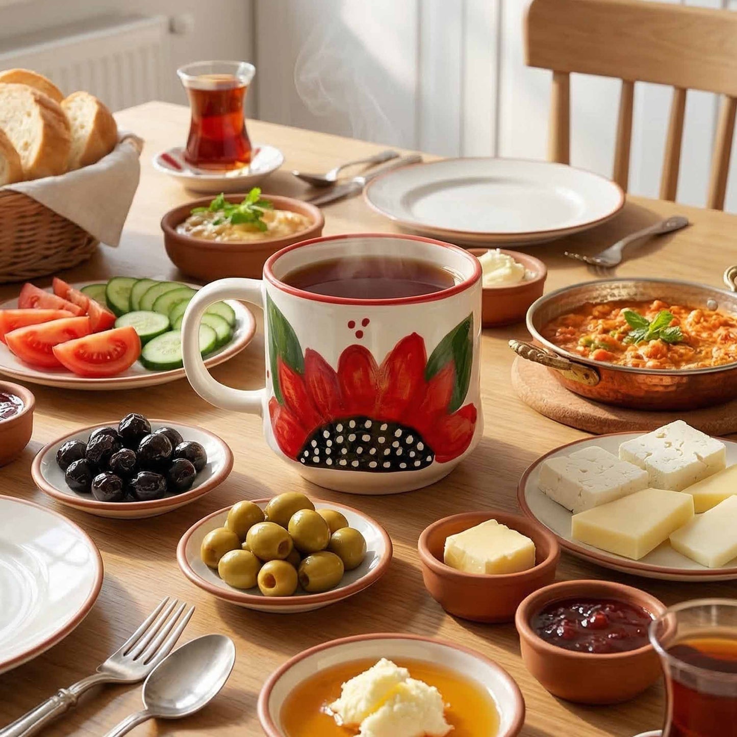 Table setting with a floral mug, bread, cheese, olives, and other food items.