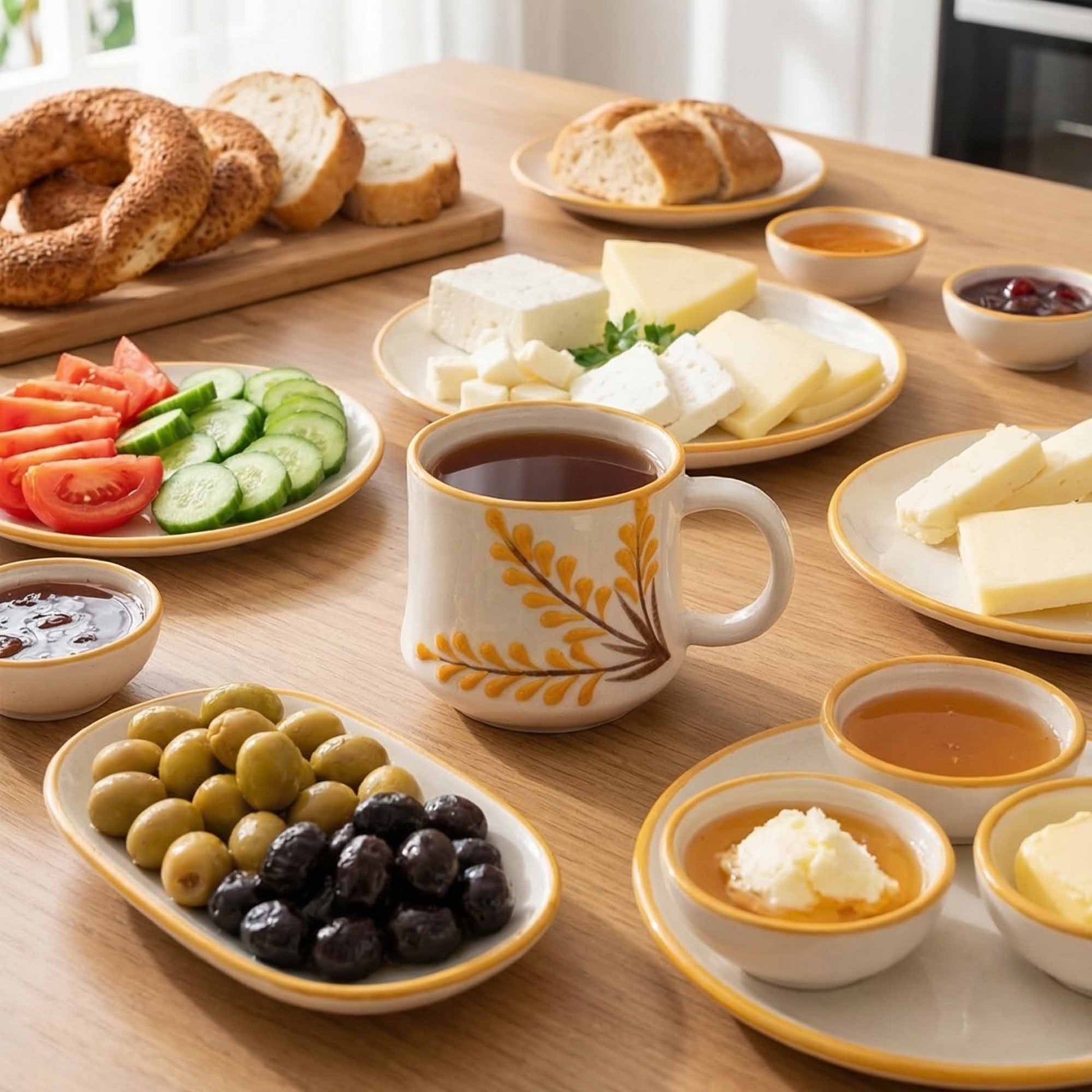 Table with assorted food items including bread, cheese, olives, and a cup of tea.