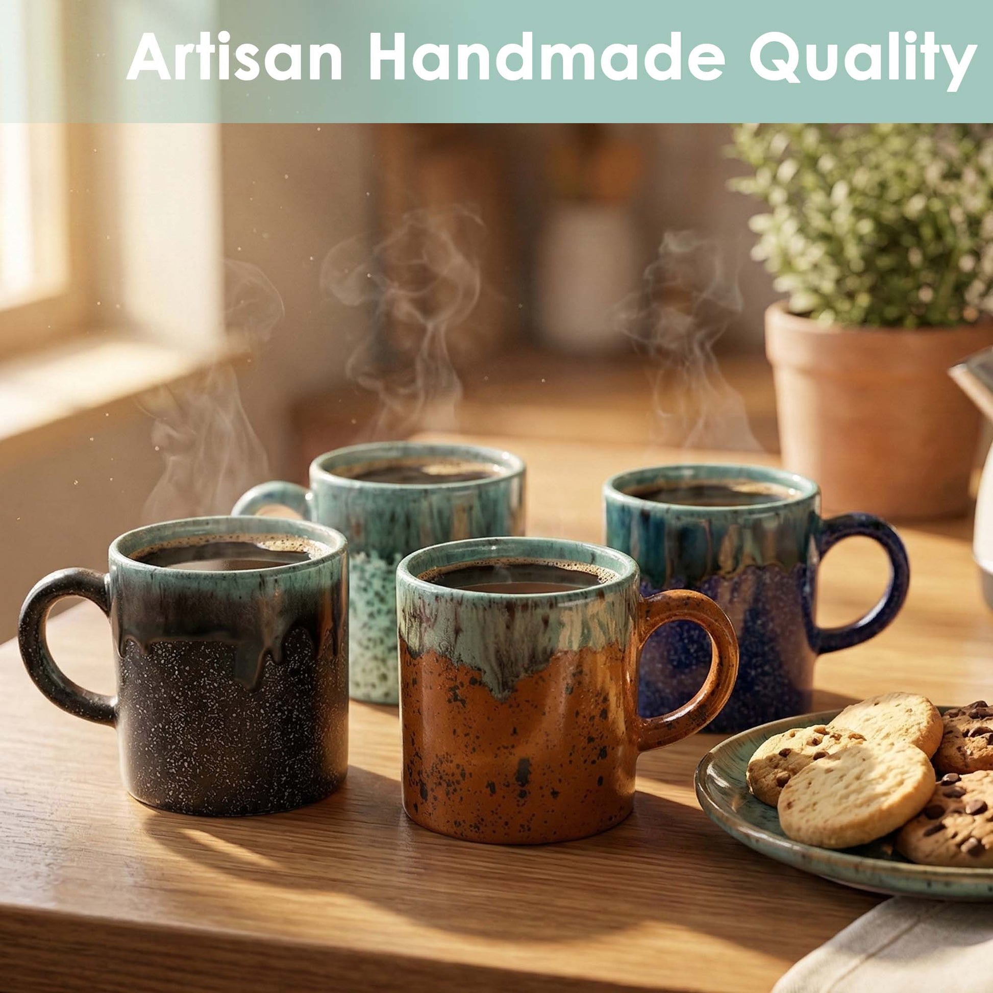 Four ceramic mugs on a wooden table with steam rising, accompanied by a plate of cookies.