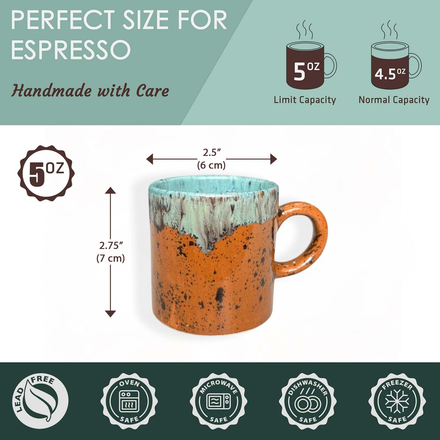 Orange and green ceramic mug with measurements and capacity details on a white background