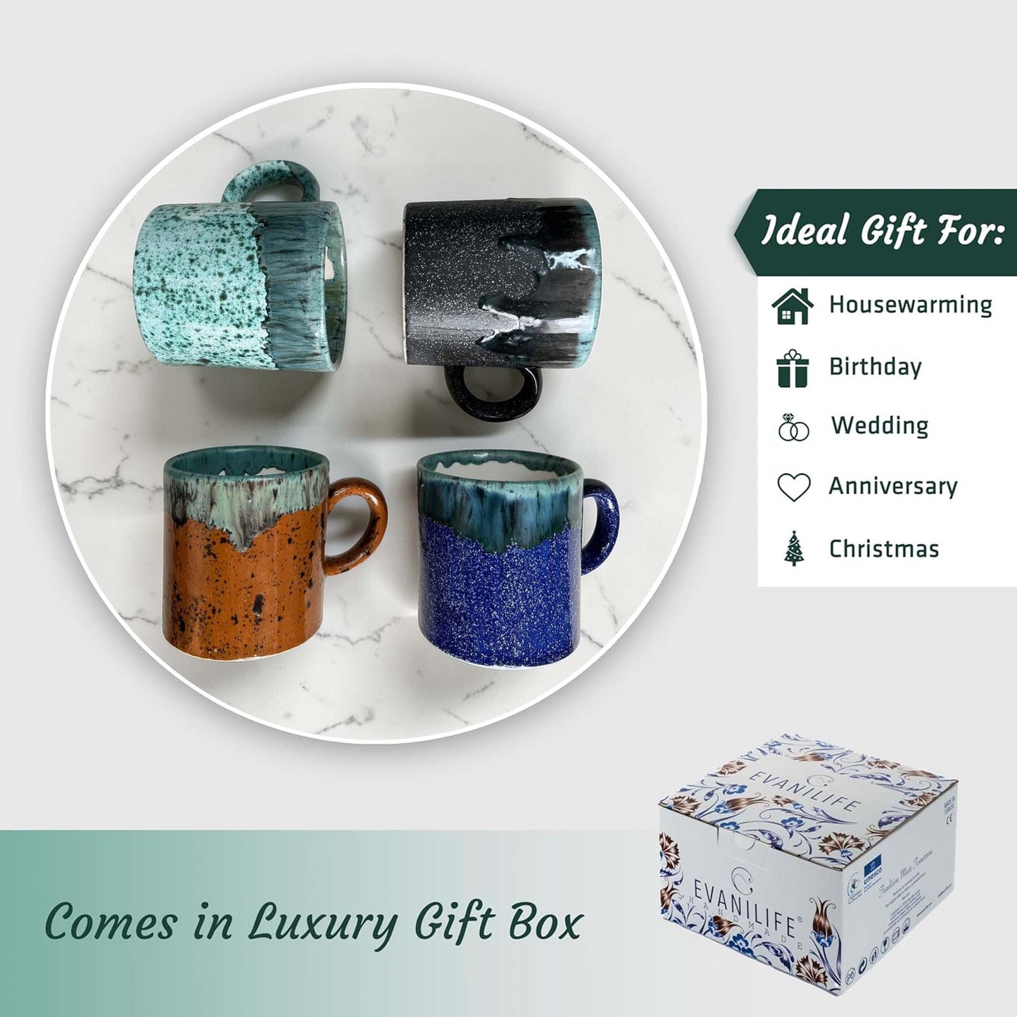 Set of four ceramic mugs with different color patterns on a marble surface, with an EvaniLife gift box below.