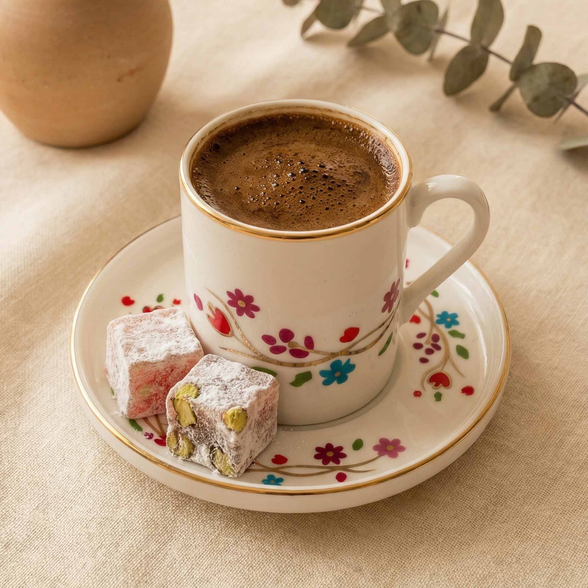 Cup of coffee with a saucer featuring floral designs, accompanied by two pastries on a beige surface.
