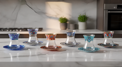 Turkish Tea Glass Set with Saucers, Handmade Ottoman Tea Glasses