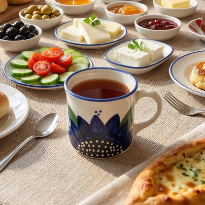 Cup of tea with a decorative design on a table with food including olives, cheese, and a pizza.