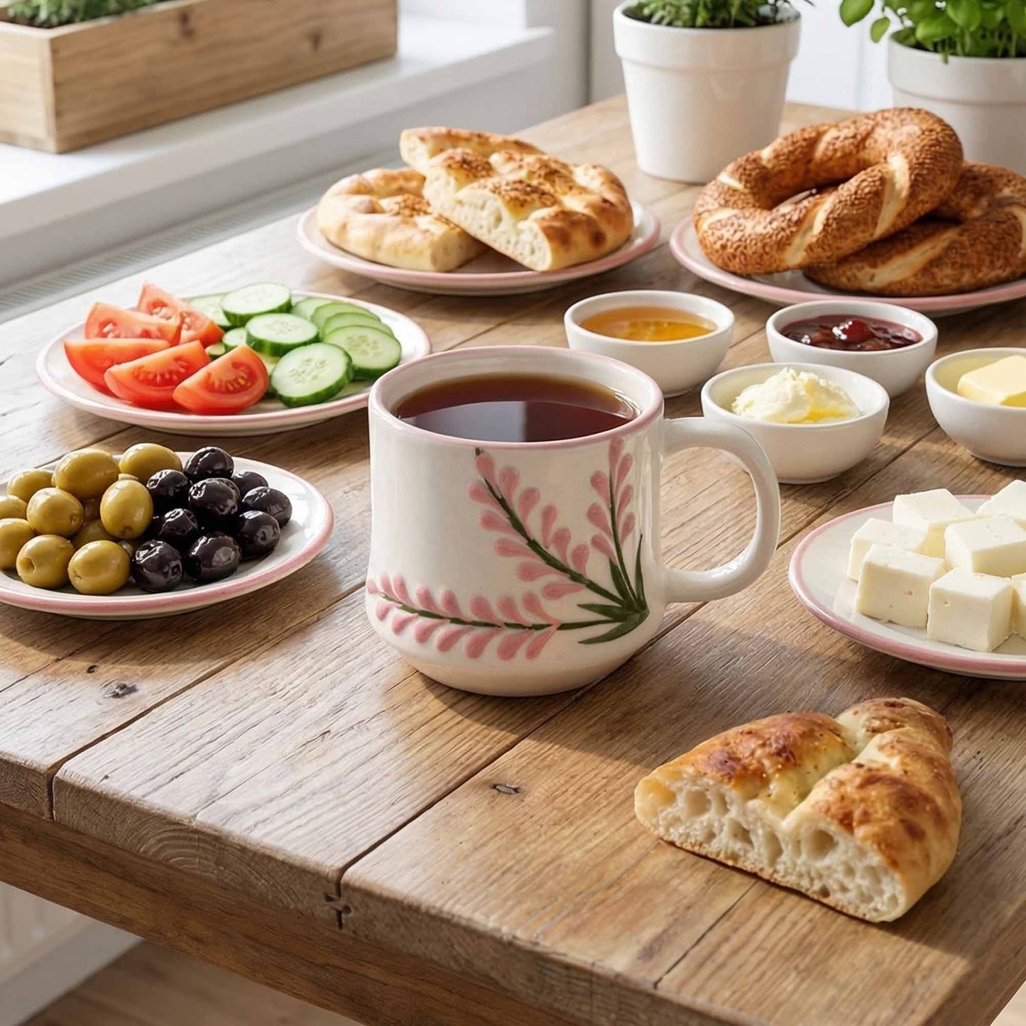 Tea cup with floral design on a wooden table with bread, olives, and other snacks.