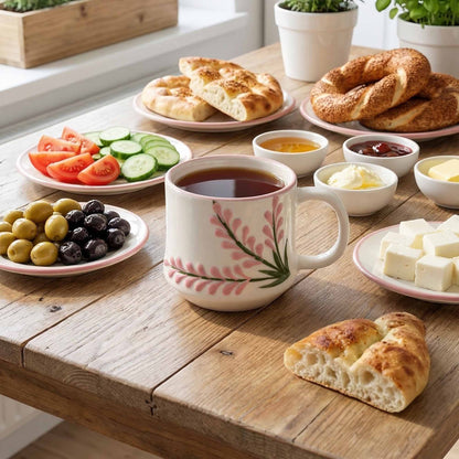 Tea cup with floral design on a wooden table with bread, olives, and other snacks.