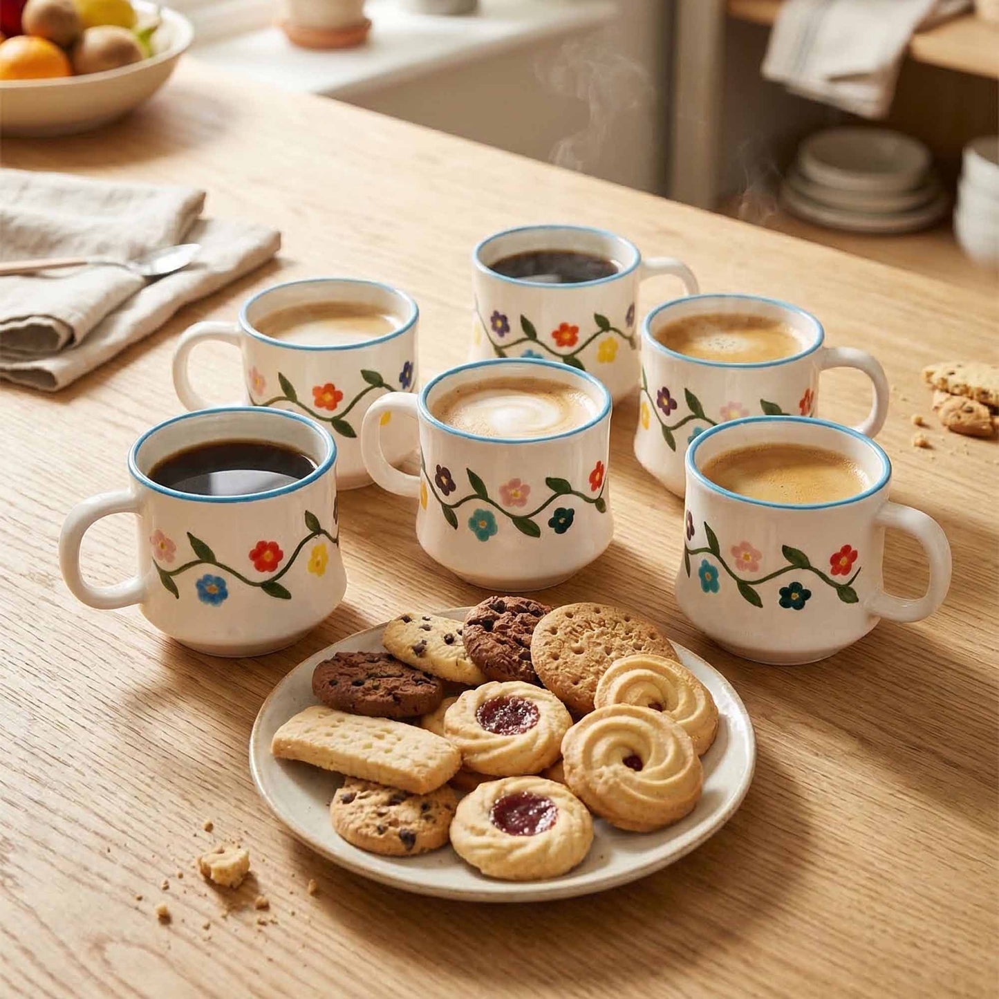 Set of floral mugs with coffee and a plate of cookies on a wooden table.