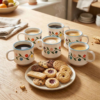 Set of floral mugs with coffee and a plate of cookies on a wooden table.