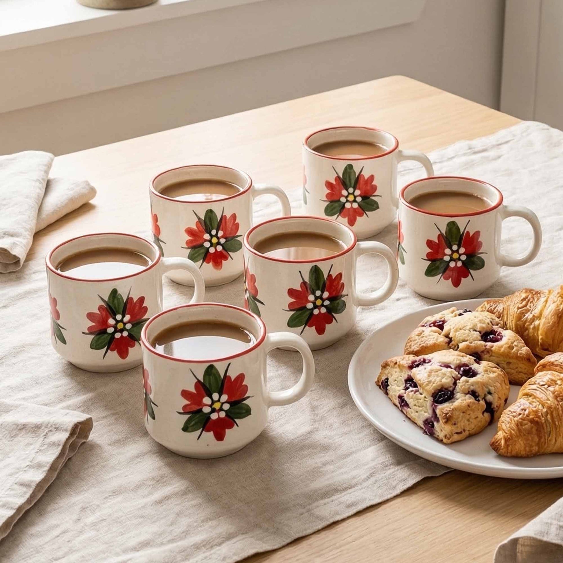 Set of mugs with floral design on a table with coffee and pastries.