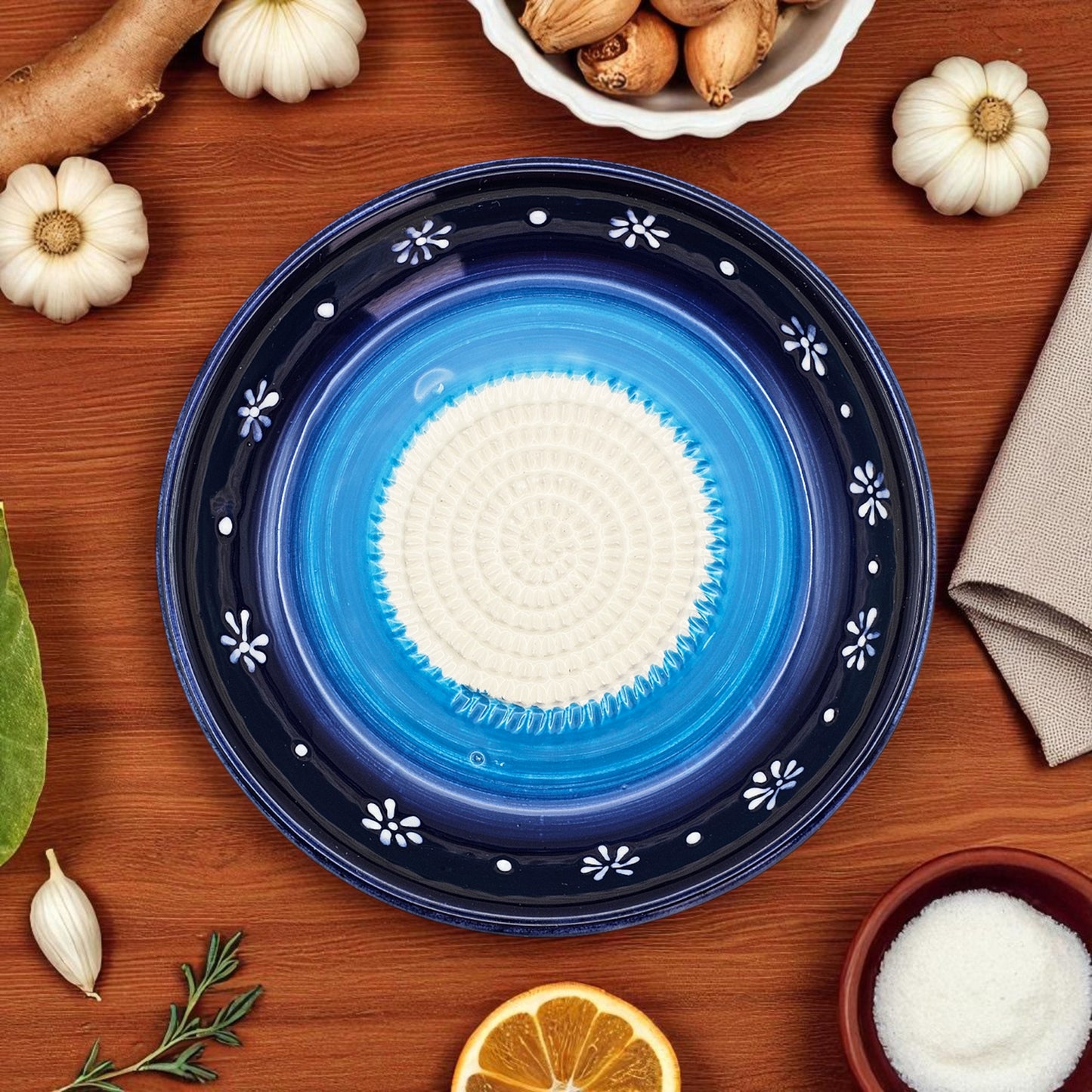 Garlic Grater Bowl, Daisy Blue Grater Plate, 7" Ceramic Garlic Grinder, Decorative Grater Bowl