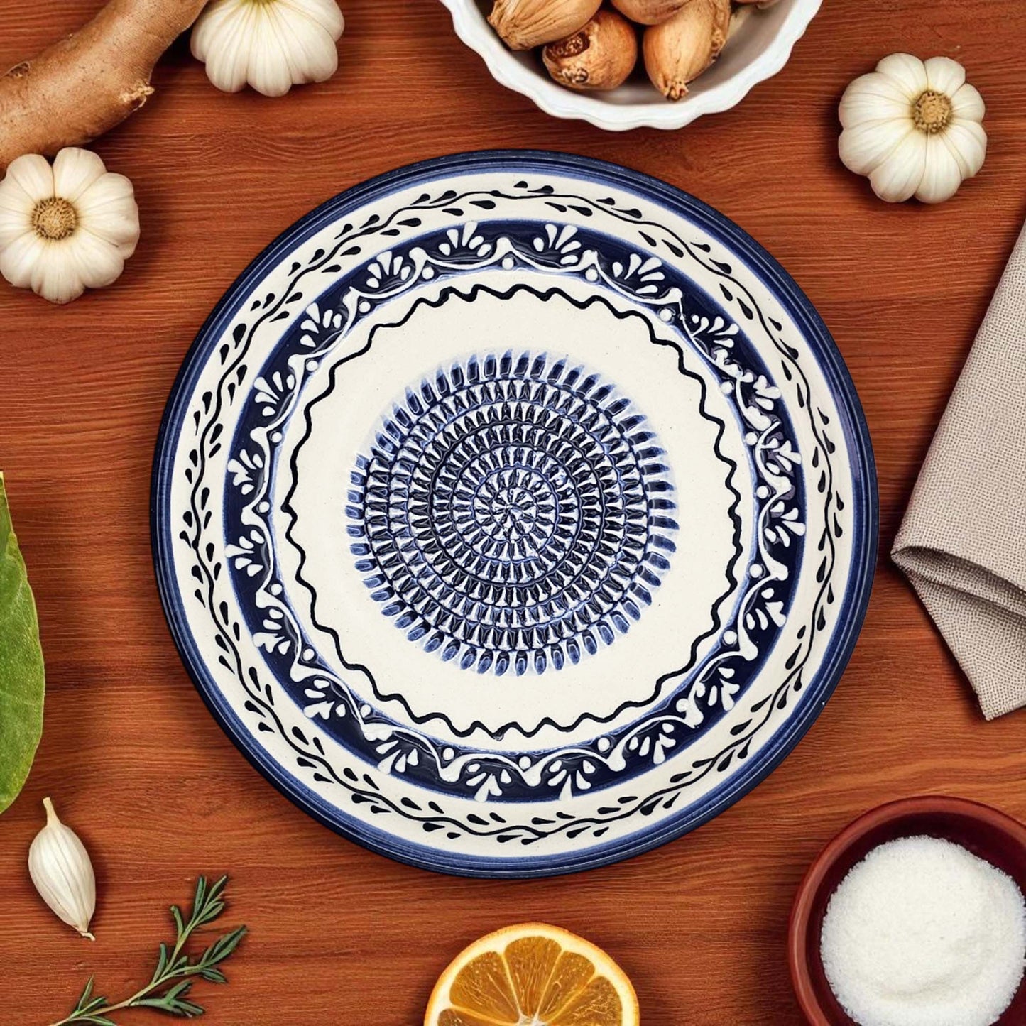 Handmade ceramic garlic grater bowl in Marine Vines design. Large 7” size, perfect for garlic, ginger & spices. Elegant artisan style, dishwasher safe.