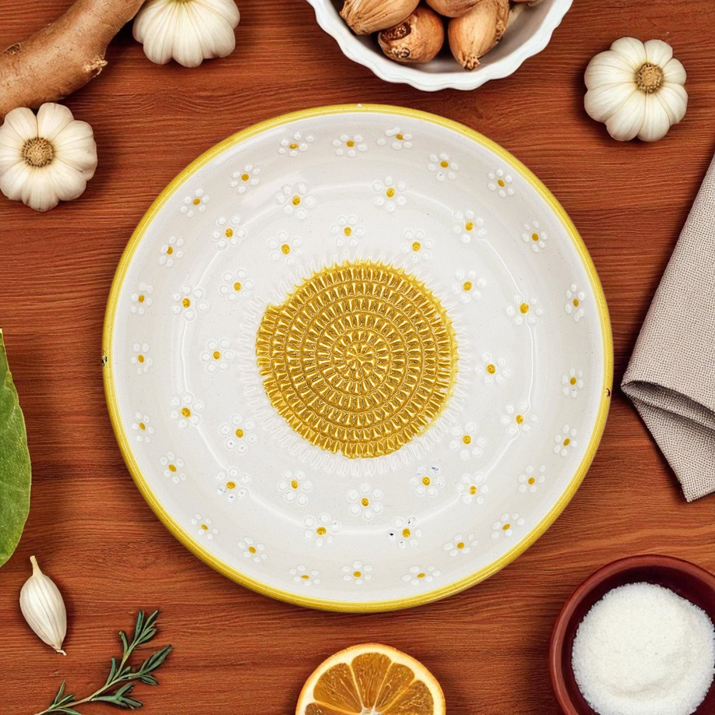 Garlic Grater Bowl, Daisy Garden Grater Plate, 7" Ceramic Garlic Grinder, Decorative Grater Bowl