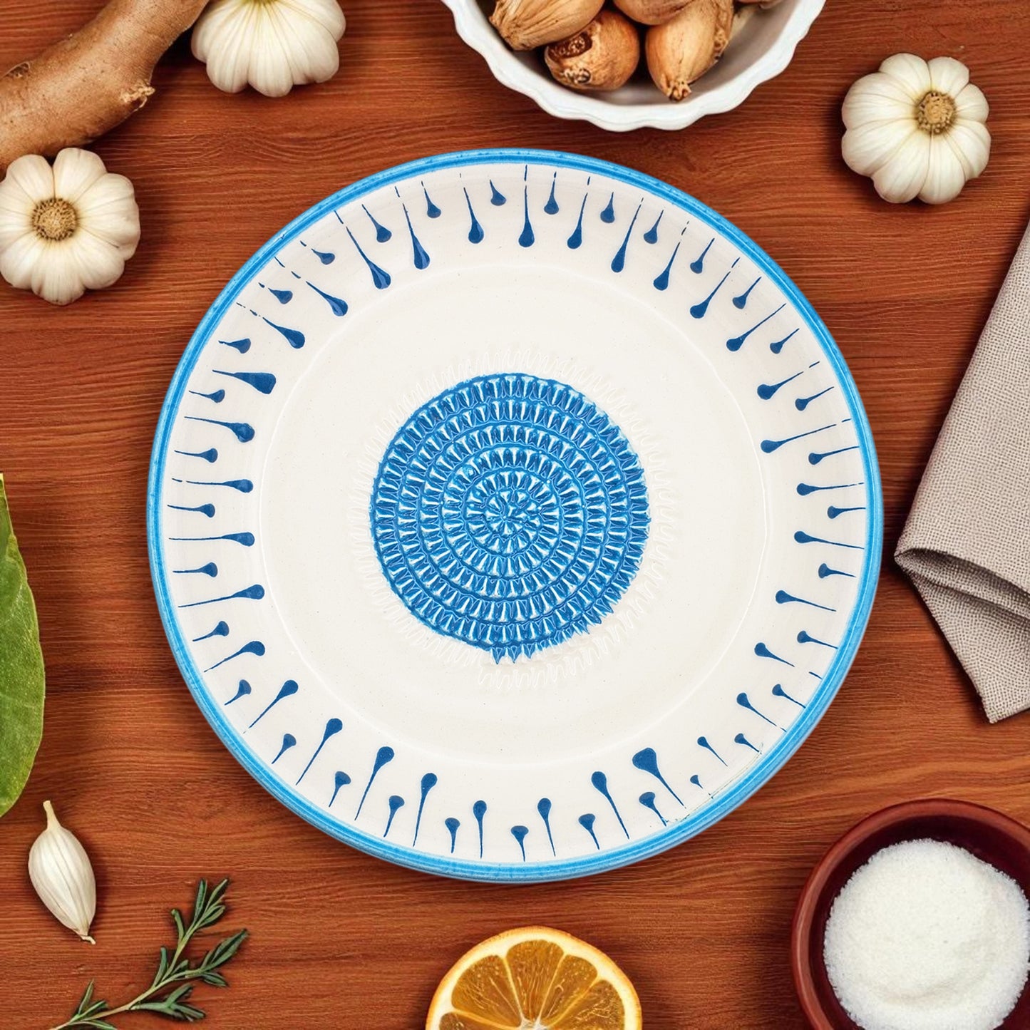 Garlic Grater Bowl, Blue Drops Grater Plate, 7" Ceramic Garlic Grinder, Decorative Grater Bowl