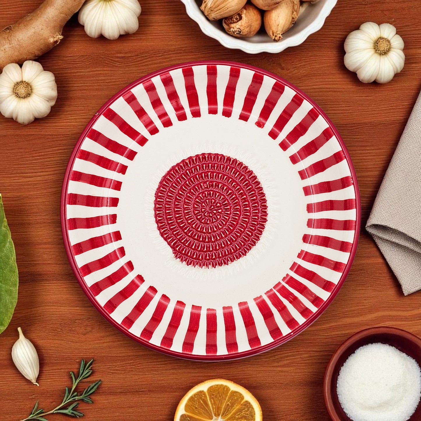Garlic Grater Bowl, Red Strips Grater Plate, 7" Ceramic Garlic Grinder, Decorative Grater Bowl