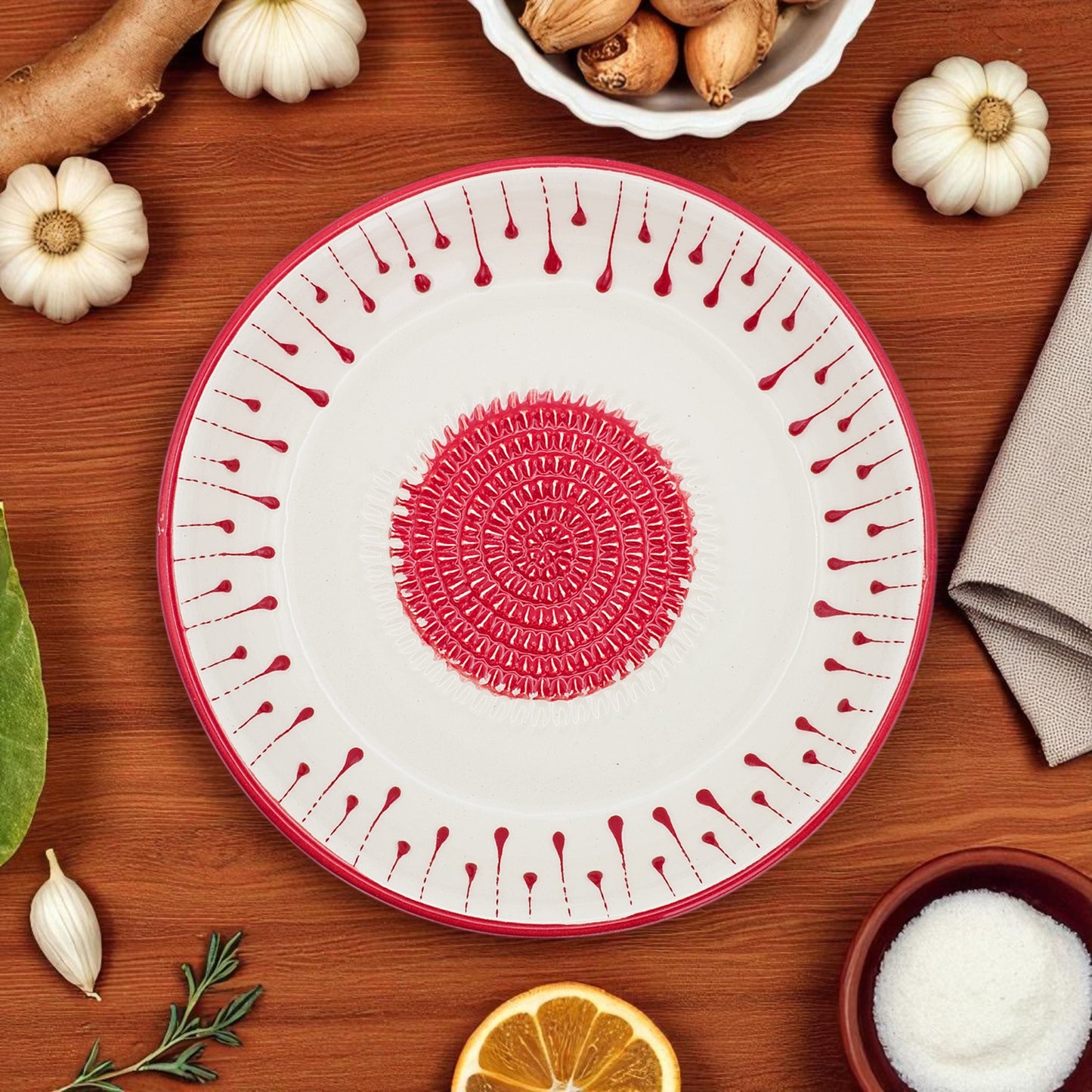 Garlic Grater Bowl, Red Drops Grater Plate, 7" Ceramic Garlic Grinder, Decorative Grater Bowl