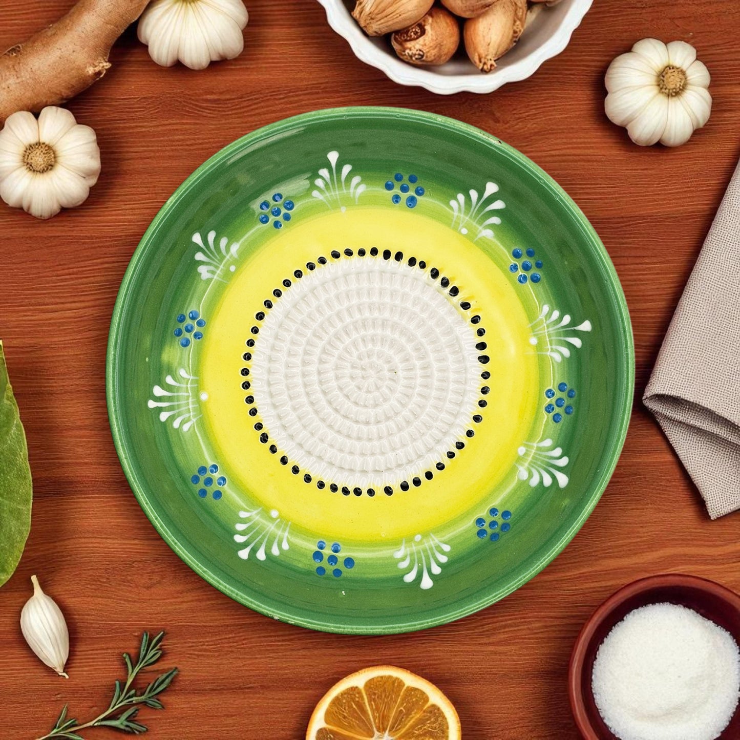 Garlic Grater Bowl, Lime Green Grater Plate, 7" Ceramic Garlic Grinder, Decorative Grater Bowl