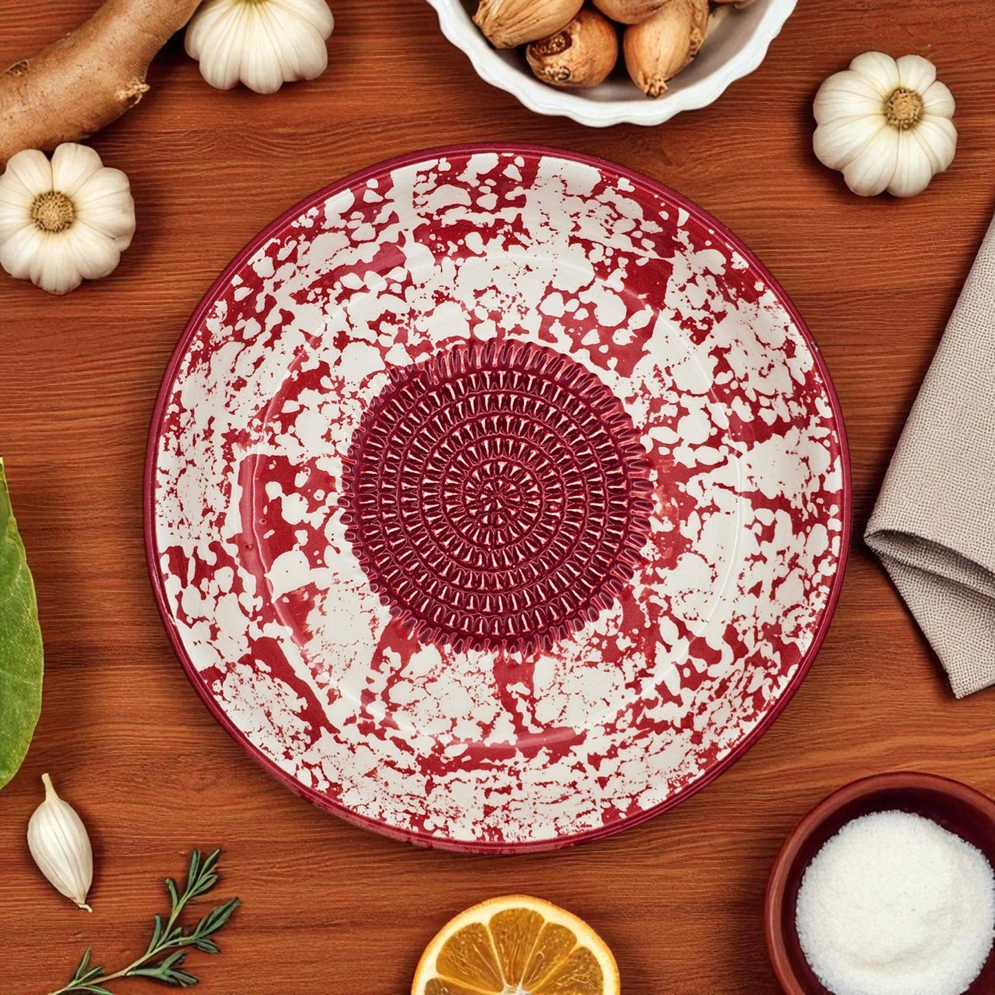 Garlic Grater Bowl, Red Sponge Grater Plate, 7" Ceramic Garlic Grinder, Decorative Grater Bowl