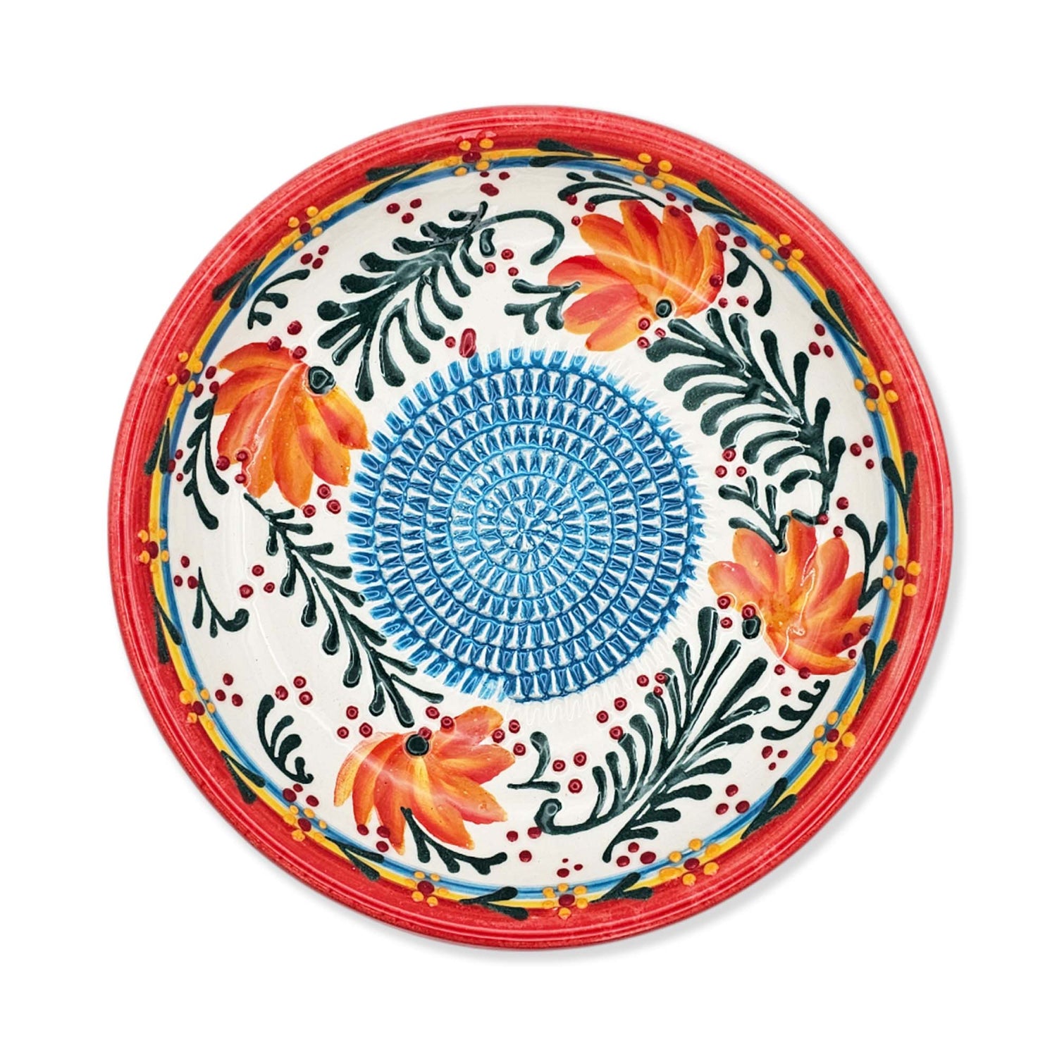 Handmade ceramic garlic grater bowl in Coral Garden design. Large 7” size, perfect for garlic, ginger & spices. Vibrant floral style, dishwasher safe.